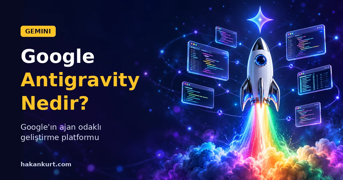 Google Antigravity Nedir? - kod pencereleriyle çevrili, havalanan roket