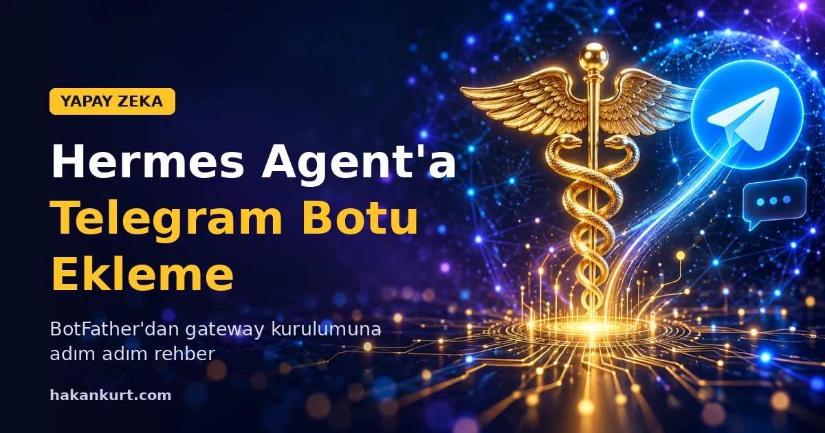 Hermes Agent'a Telegram Botu Ekleme - altın Hermes asası ve Telegram simgesi